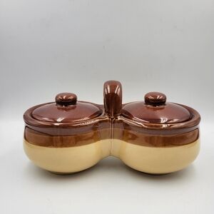 Vintage Double Crock Bean Pot Style Two Tone Glaze Condiment Server